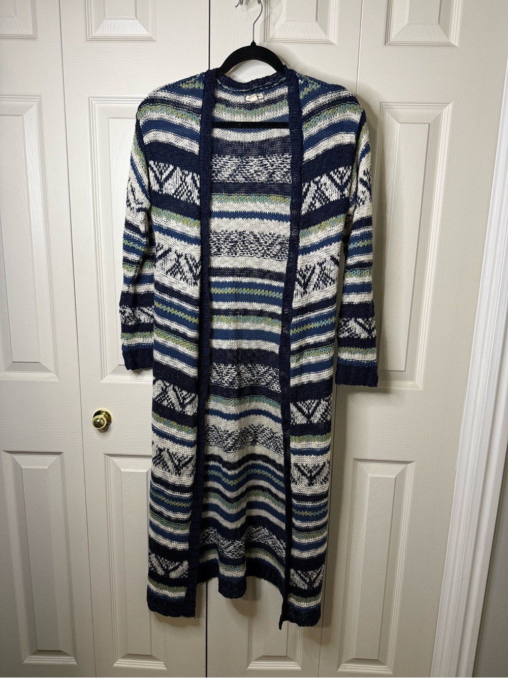 Cozy Striped Open-Front Long Cardigan Sweater - Navy & Cream